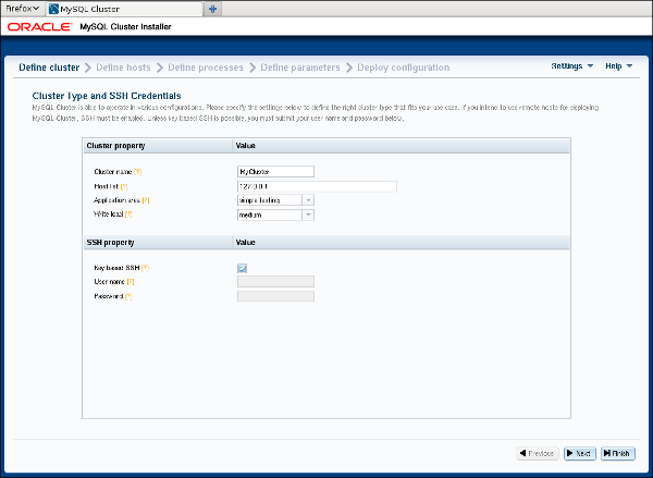 The MySQL Cluster Auto-Installer Define Cluster screen.