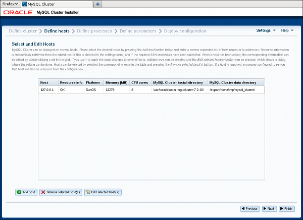 MySQL Cluster Define Hosts screen.