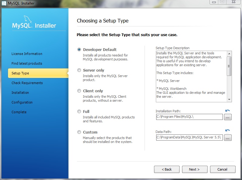 MySQL Installer - Choosing a Setup Type
