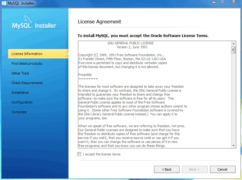 MySQL Installer - License Agreement