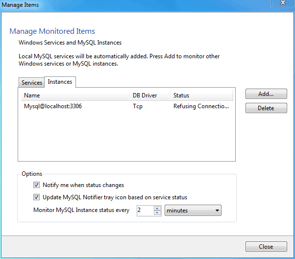 MySQL Notifier for Microsoft Windows Manage Instances menu