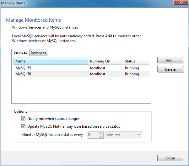 MySQL Notifier for Microsoft Windows Manage Services menu