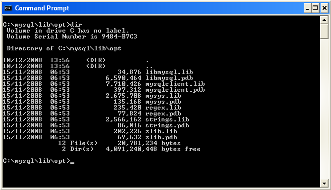 Typical contents of MySQL lib/opt directory