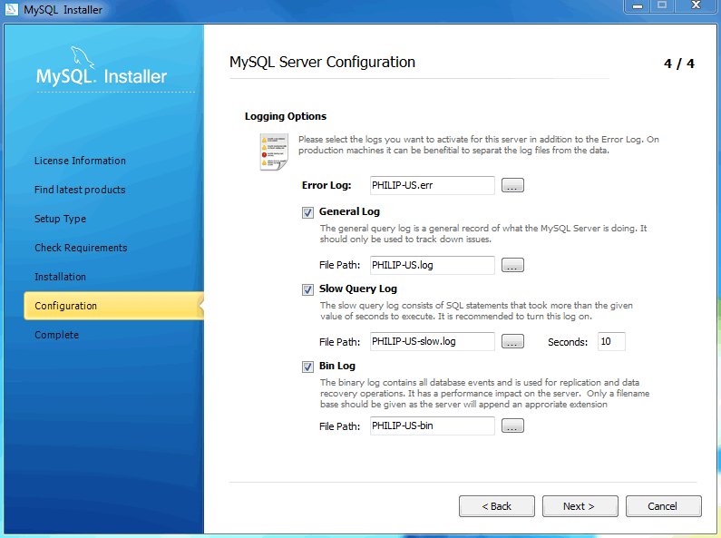 MySQL Installer - MySQL Server Configuration: Logging options