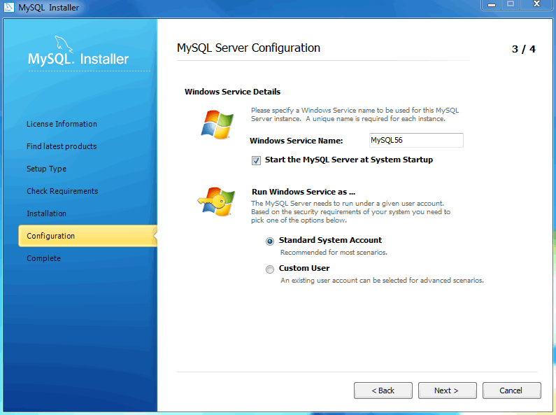 MySQL Installer - MySQL Server Configuration: Windows service details