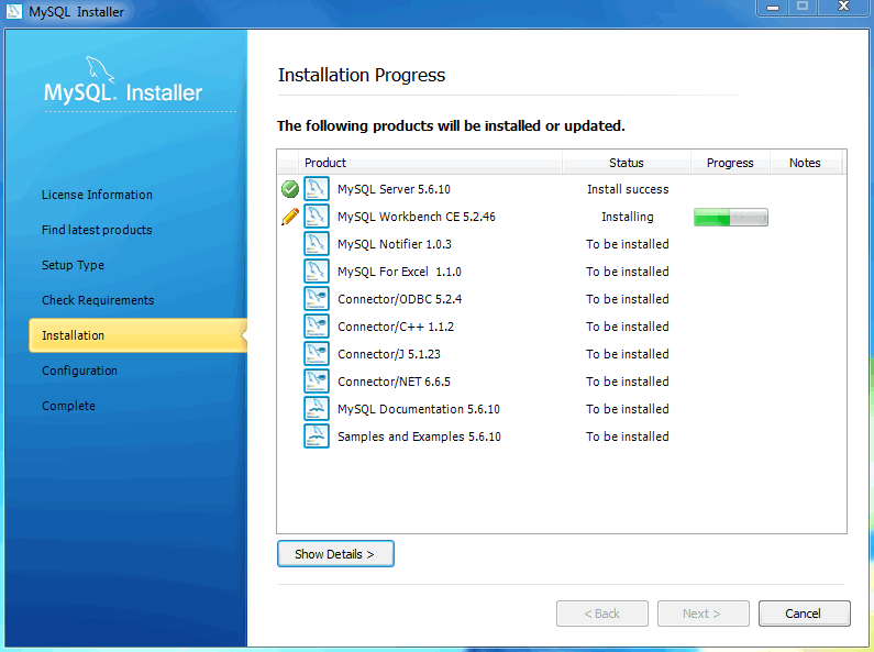 MySQL Installer - Installation Progress status