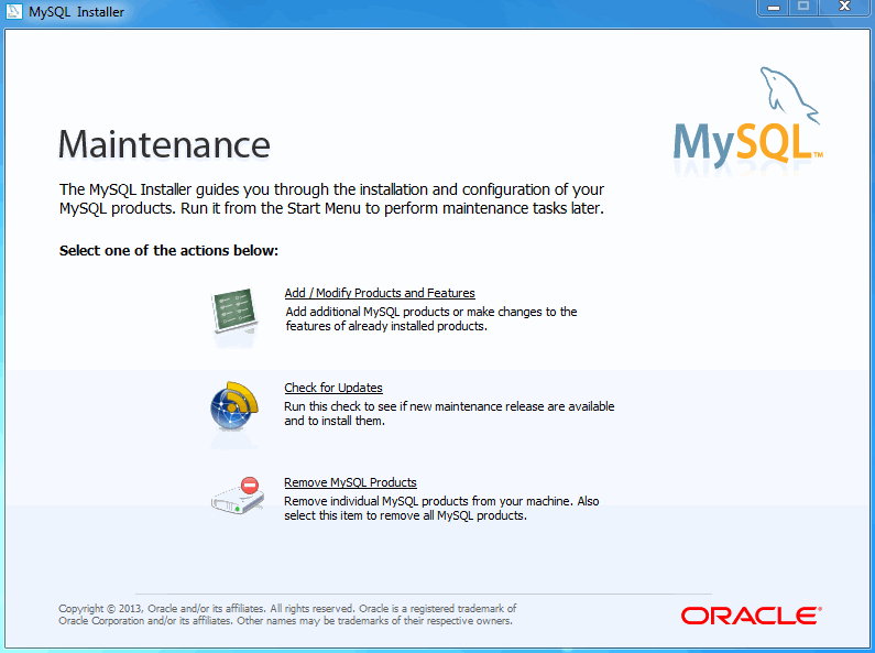 MySQL Installer - Maintenance Screen