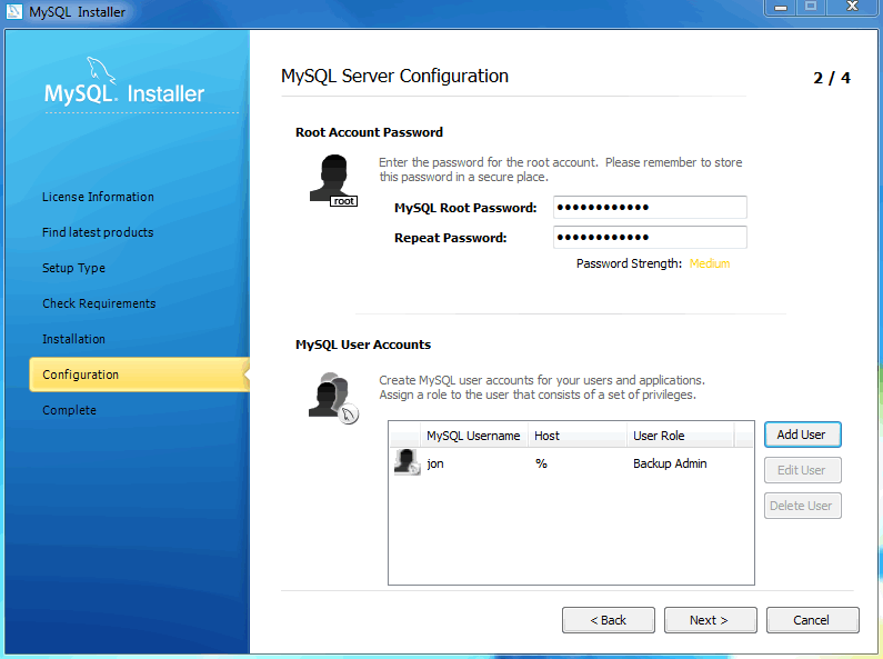 MySQL Installer - MySQL Server Configuration: User accounts