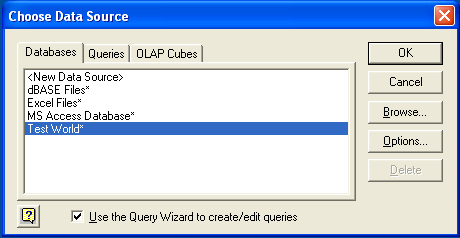 Microsoft Query, Choose Data Source