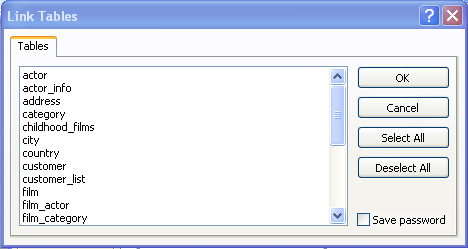 Linking Microsoft Access tables to MySQL tables, table selection