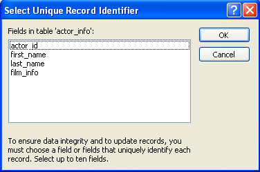 Linking Microsoft Access tables to MySQL tables, choosing unique record identifier