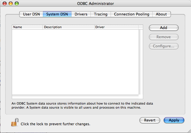 ODBC Administrator Main Panel Dialog