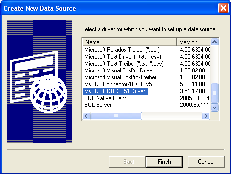 MySQL ODBC Driver Selection Dialog