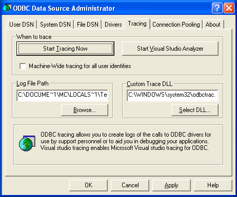 ODBC Data Source Administrator Tracing Dialog