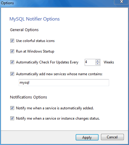 MySQL Notifier for Microsoft Windows Options menu