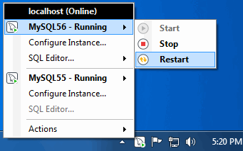 MySQL Notifier for Microsoft Windows Service Instance menu